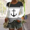 Anchor Printed Women's Casual Long Sleeves Round Neck T-Shirt For Spring & Summer Loose Oversize Women's Clothing Streaks Tops