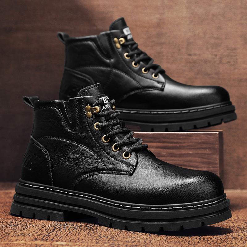 FashionStreet Style Men Leather Boots Thick Sole Non-slip ManAnkle Botas Non-Slip Outdoor Motorcycle Boots Versatile Leisure Walk Shoes