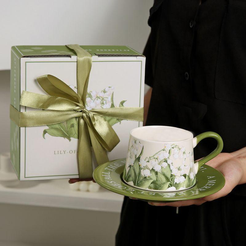 Original Hand Painted Lily of The Valley Flower Ceramic Coffee Cup Saucer Set Niche Latte Cup Afternoon Tea Exquisite Souvenir Gift