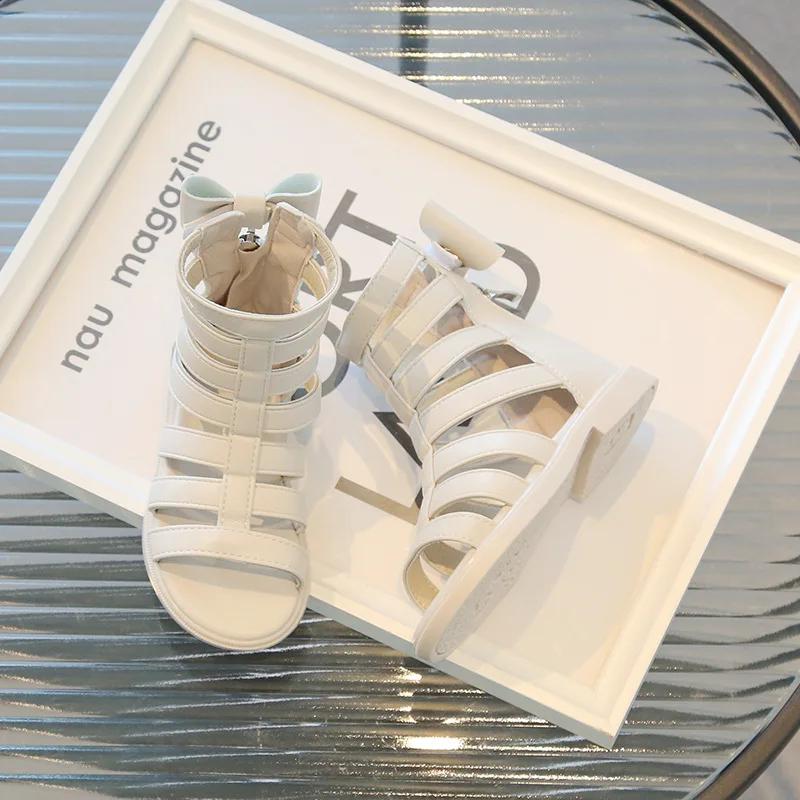 Сандалии для девочек с высоким голенищем, лето 2024 г., новые однотонные, корейский стиль, универсальные, принцесса, модные, детские, с бантом сзади, с открытым носком, на плоской подошве