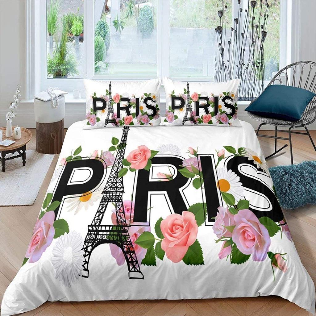 Pink Paris Eiffel Tower Architecture 3D Print Bedding Set Cozy Soft Duvet Cover King Queen Twin Size Birthday Gift Room Decor