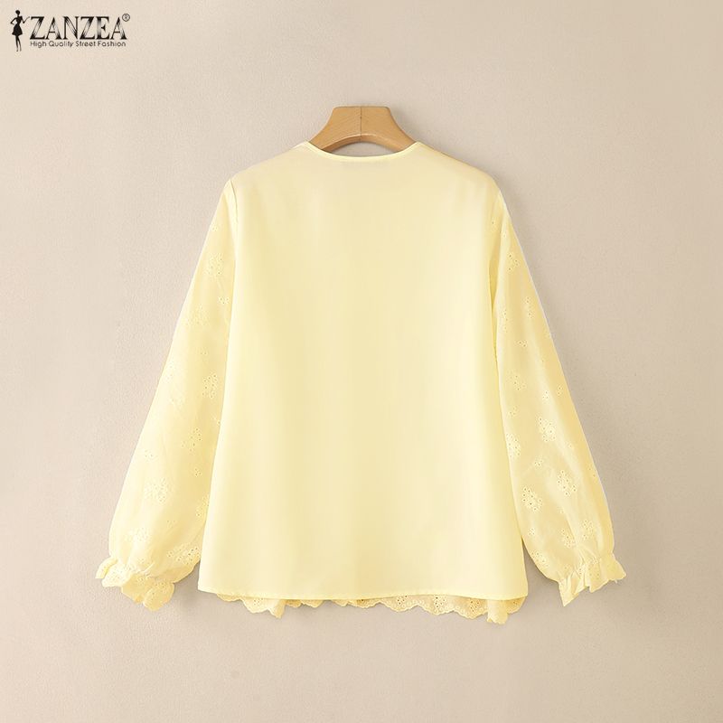 ZANZEA Женская повседневная блузка с V-образным вырезом, длинным рукавом, крючковым пэчворком, свободного кроя