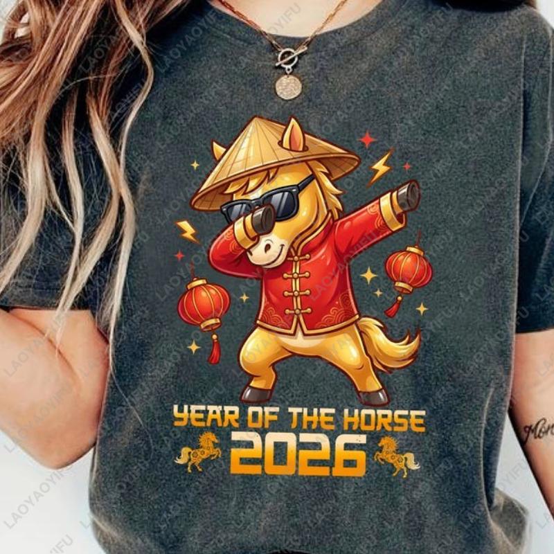 Dabbing Horse 2026 Tee Year Of The Horse Chinese New Year Gift Unisex Cotton Tshirts Funny Oneck Printed Tops Women Ropa Mujer