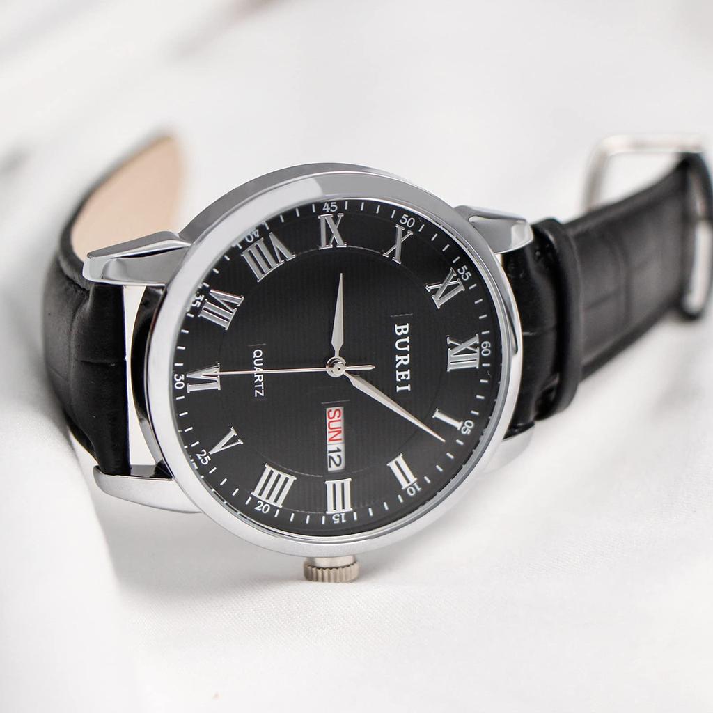 Наручные часы Популярные водонепроницаемые стильные аналоговые наручные часы кварцевые римские цифры брендовые деловые кожаные часы с ремешком [BUREI] мужские серебристо-черные
