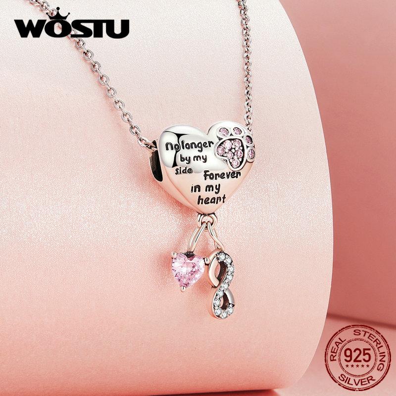 WOSTU 925 Sterling Silver Pink Crytal Heart Charms Cute Pet Paw Bead Fit Original Bracelet Necklace Family New Year Jewelry Gift