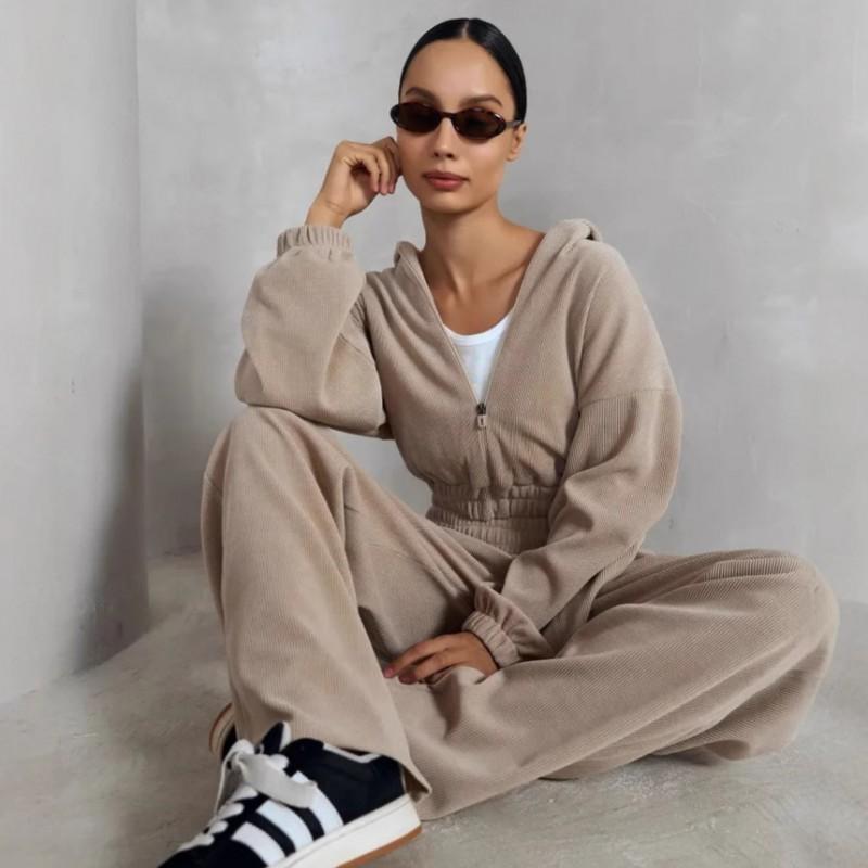 Womens Casual 2-Piece Set Long Sleeve Hooded Top Elastic Waist Wide Leg Pants Pure Color Streetwear