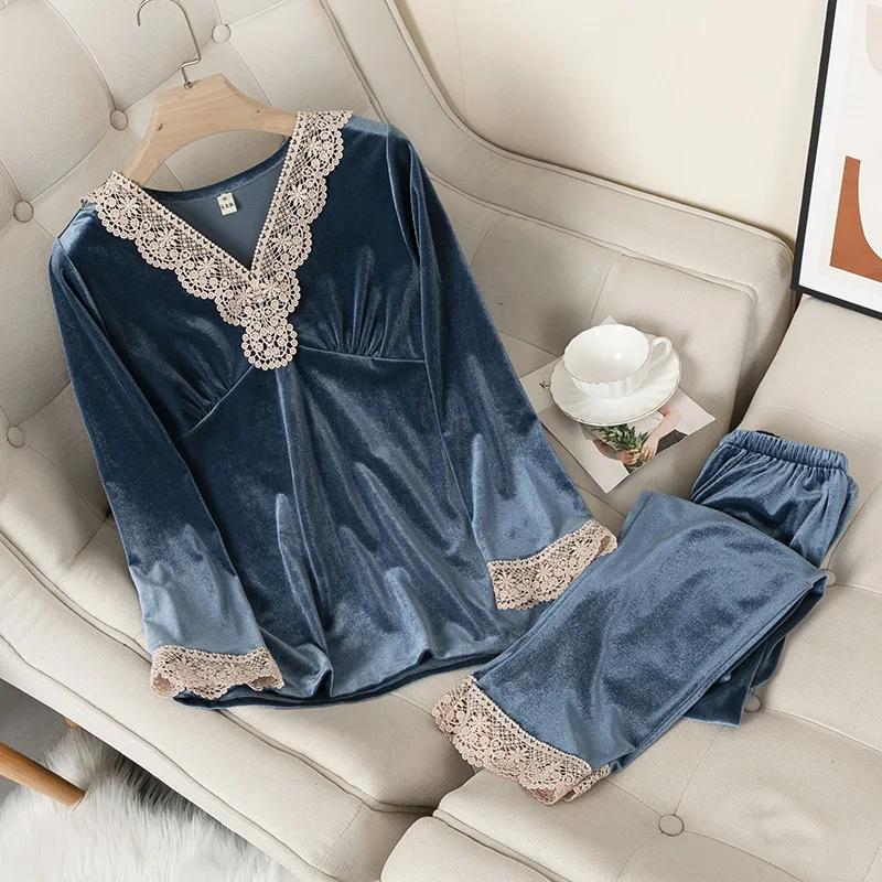 Бархатная пижама женская осенне-зимняя одежда для сна с длинным рукавом повседневная ночная рубашка пижамный костюм свободная домашняя одежда кружевная отделка комплект для сна