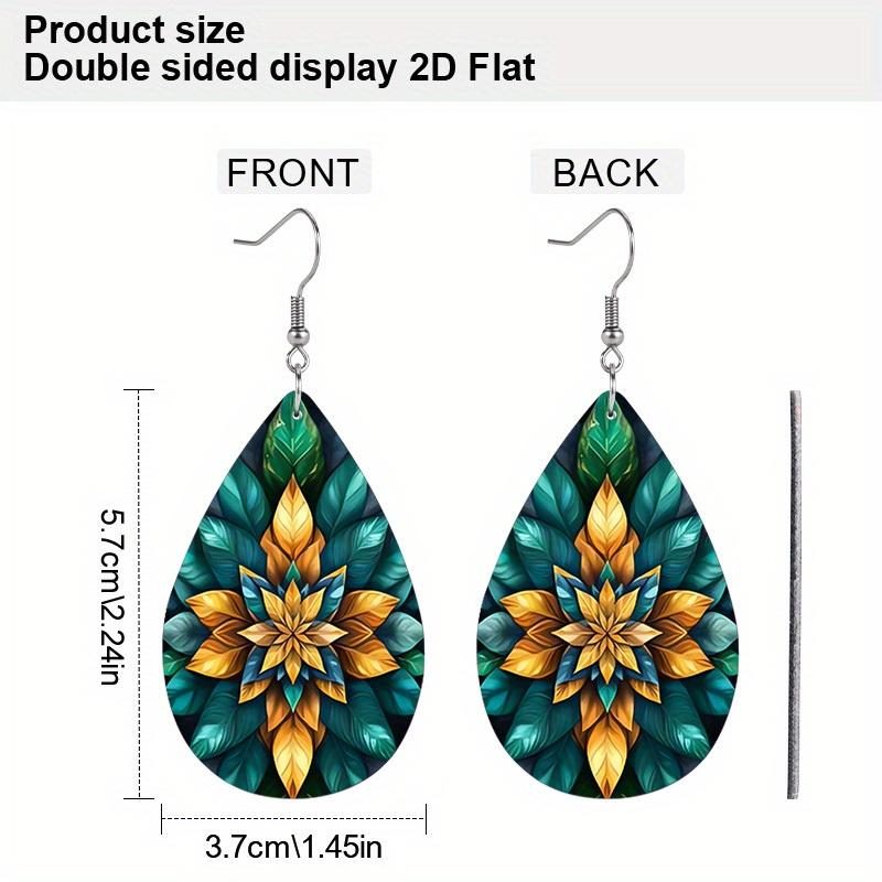 Chic Boho Mandala Floral PU Drop Dangle Earrings for Women, Meditation Theme Colorful Double Sided Hoop Earring, Holiday Party Accessories