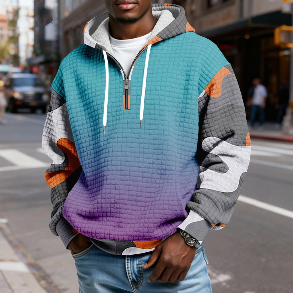 Мужской худи-пуловер в клетку с капюшоном на молнии до середины, со шнурком и принтом, повседневная спортивная толстовка