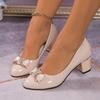 Fashionable High Heels for Women with A Shallow Mouth, Large Size, Thick Heels and Round-toe Bowknots Pumps for Women
