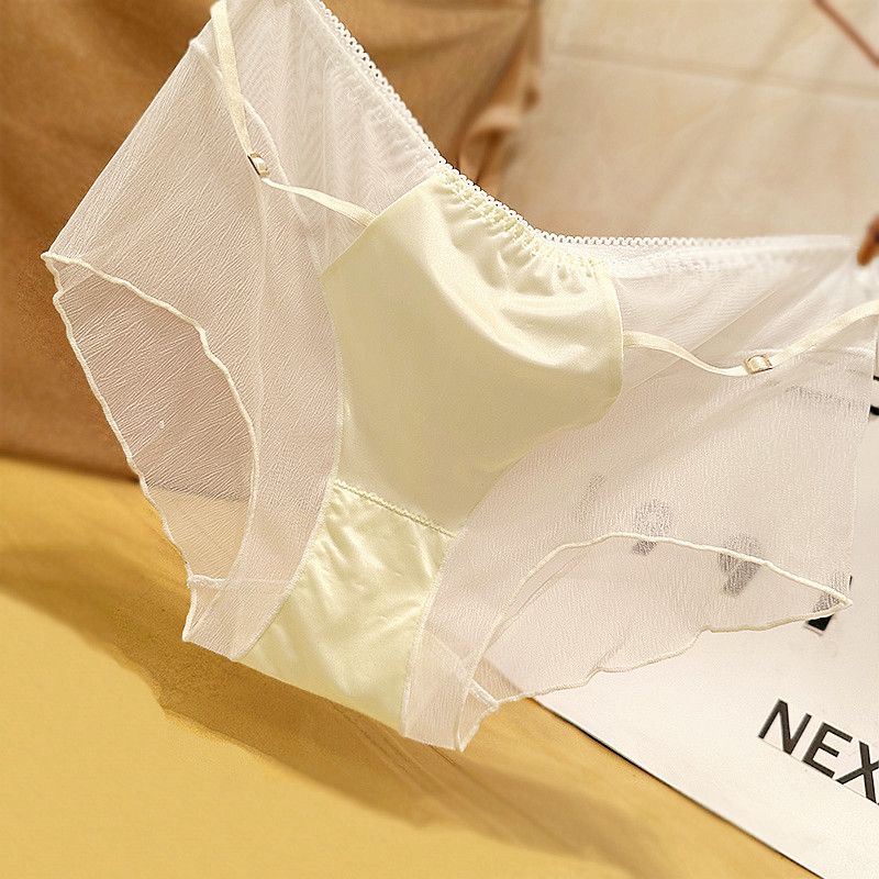 French Light Luxury Fashion Lace Mesh Women's Underwear Comfortable Elastic Breathable Ice Silk Satin Hip-Wrapping Seamless Briefs