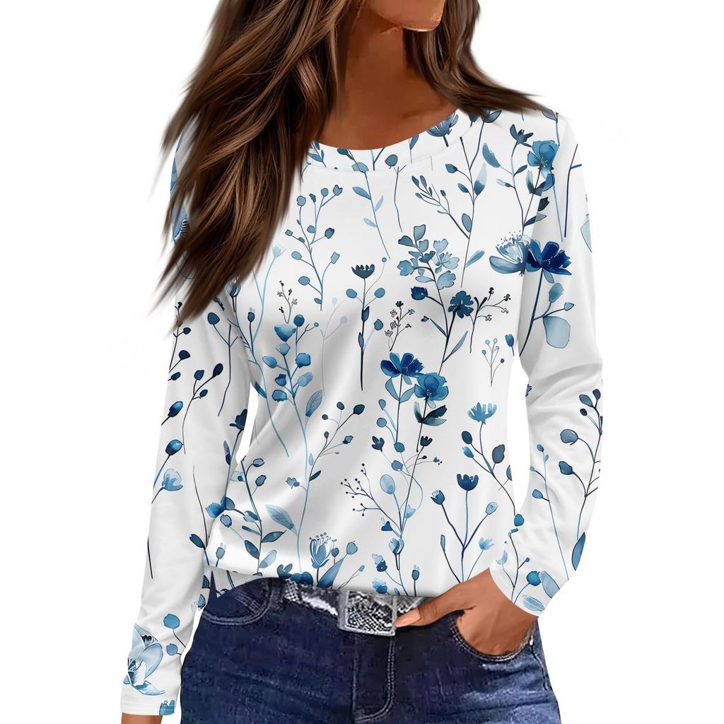 Women's Casual T-shirt 3D Printed Floral Floral Print Round Neck Retro Elegant Long Sleeves Women's Fashion Pullover Long Sleeve