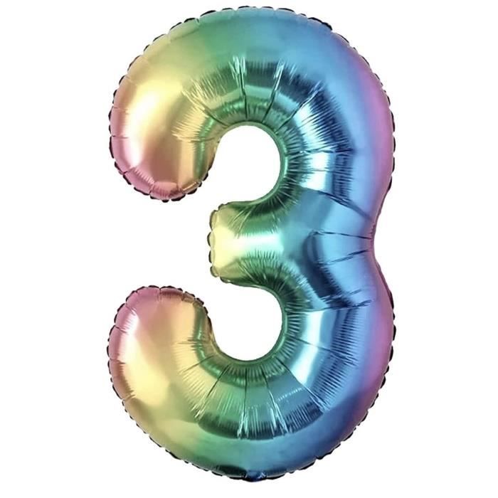 Ballon Chiffre 3 - Multicolore - 100cm - Aluminium - Idéal Anniversaire - Hélium