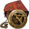 Brass Sundial Compass with Leather Case and Chain - Push Open Mechanism Vintage Steampunk Accessory - Antiquated Finish Pocket Compass