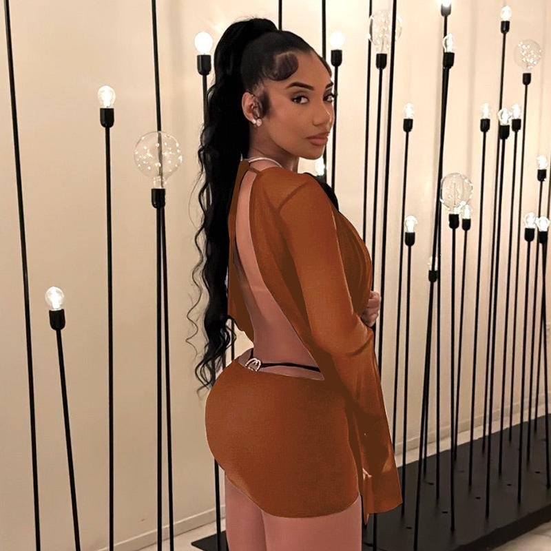 European-American Women's Mesh Ruffle Collar A-line Dress with Open Back