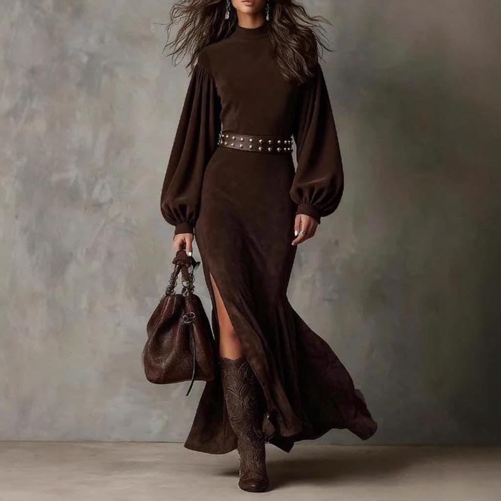 Women's Vintage Velvet Dress High-waisted Elegant Pencil Split Formal Long-sleeve Floor-length Dress