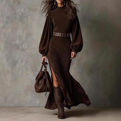 Женское винтажное бархатное платье с высокой талией, элегантное платье-карандаш с разрезом, формальное платье с длинным рукавом длиной до пола