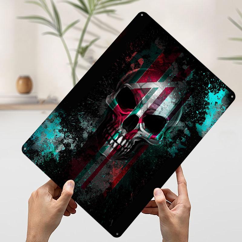 Skull With Stripes Tinplate Poster Customized Wall Art Vintage Retro Metal Signs for Gamer Decoration Room Home Decor Coffee Bar