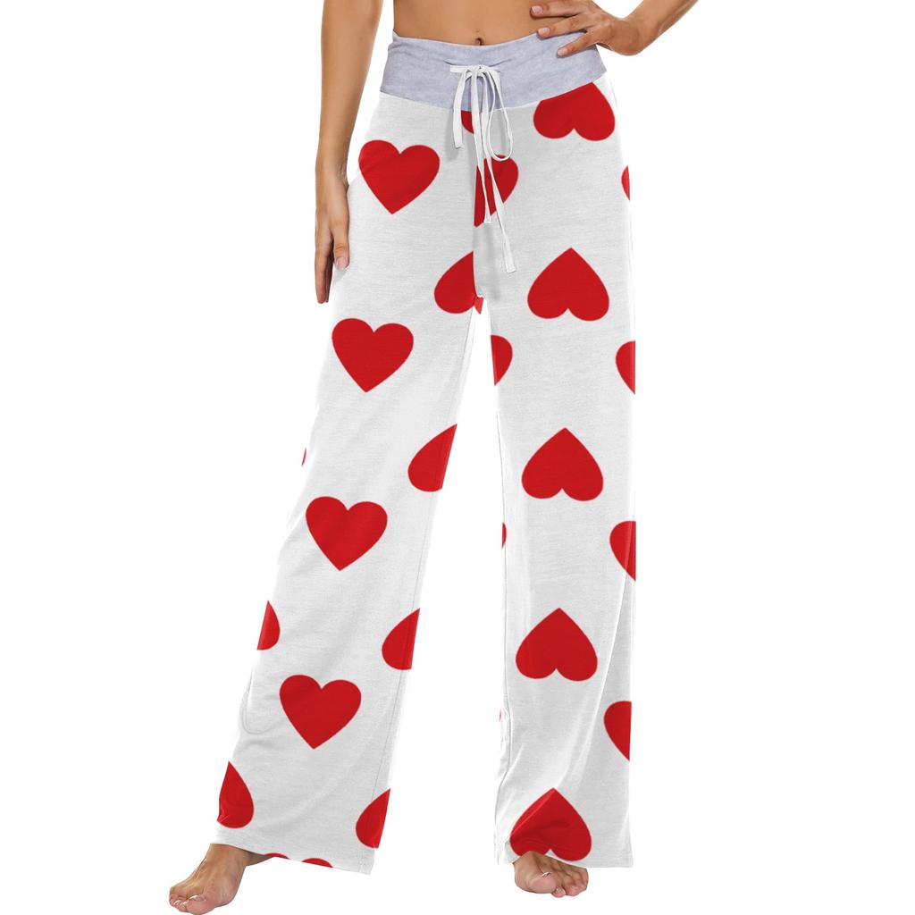 Women's Fashion Casual Comfortable Pajama Pants Love Printed Drawstring Wide Leg Pants Trousers