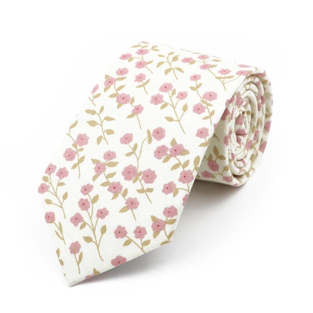 Floral Tie, For Men Women, 100% Cotton, Elegant Flower Necktie, White, Blue, Narrow Skinny, Wedding, Party