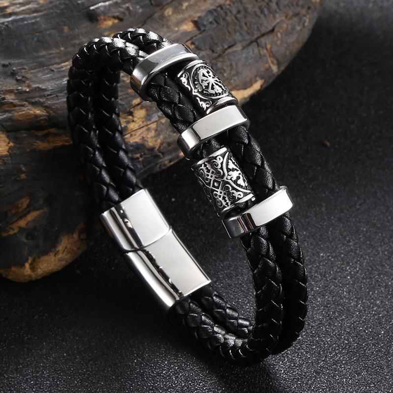 Новый браслет из нержавеющей стали и кожи, двухслойный плетеный кожаный мужской браслет серии Nordic Viking