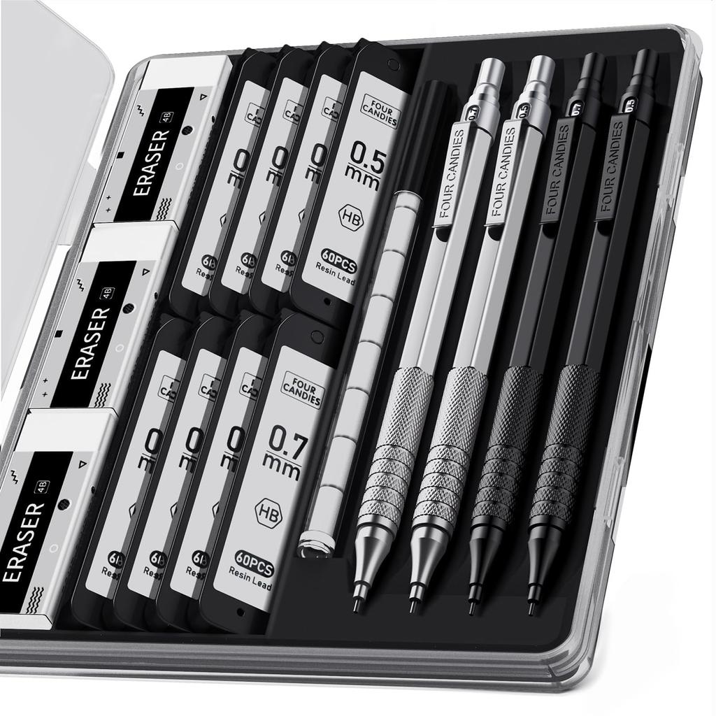 Four Candies Metal Mechanical Pencils Set of 4 Mm Mechanical Pencils 480 HB Refills Eraser Case Stationery Set Black Silver 0.5 & 0.7 &