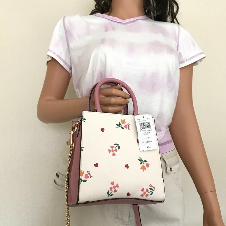 Coach Pepper 17 Heart Petal Print Magnetic Closure Canvas And Leather Mini Handbag Women handbag White Pink C7599-IMCAH