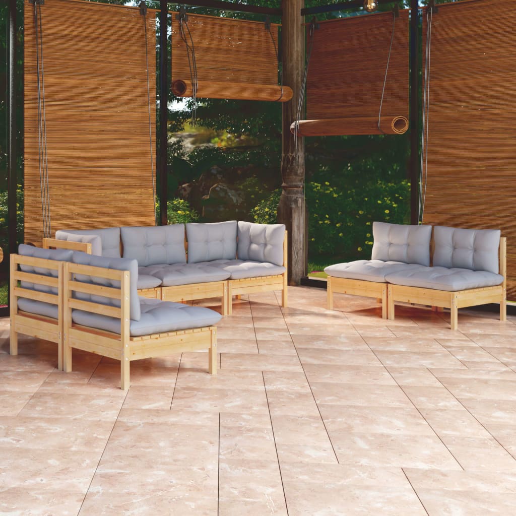 7 Piece Garden Lounge Set with Grey Cushions Solid Pine Wood