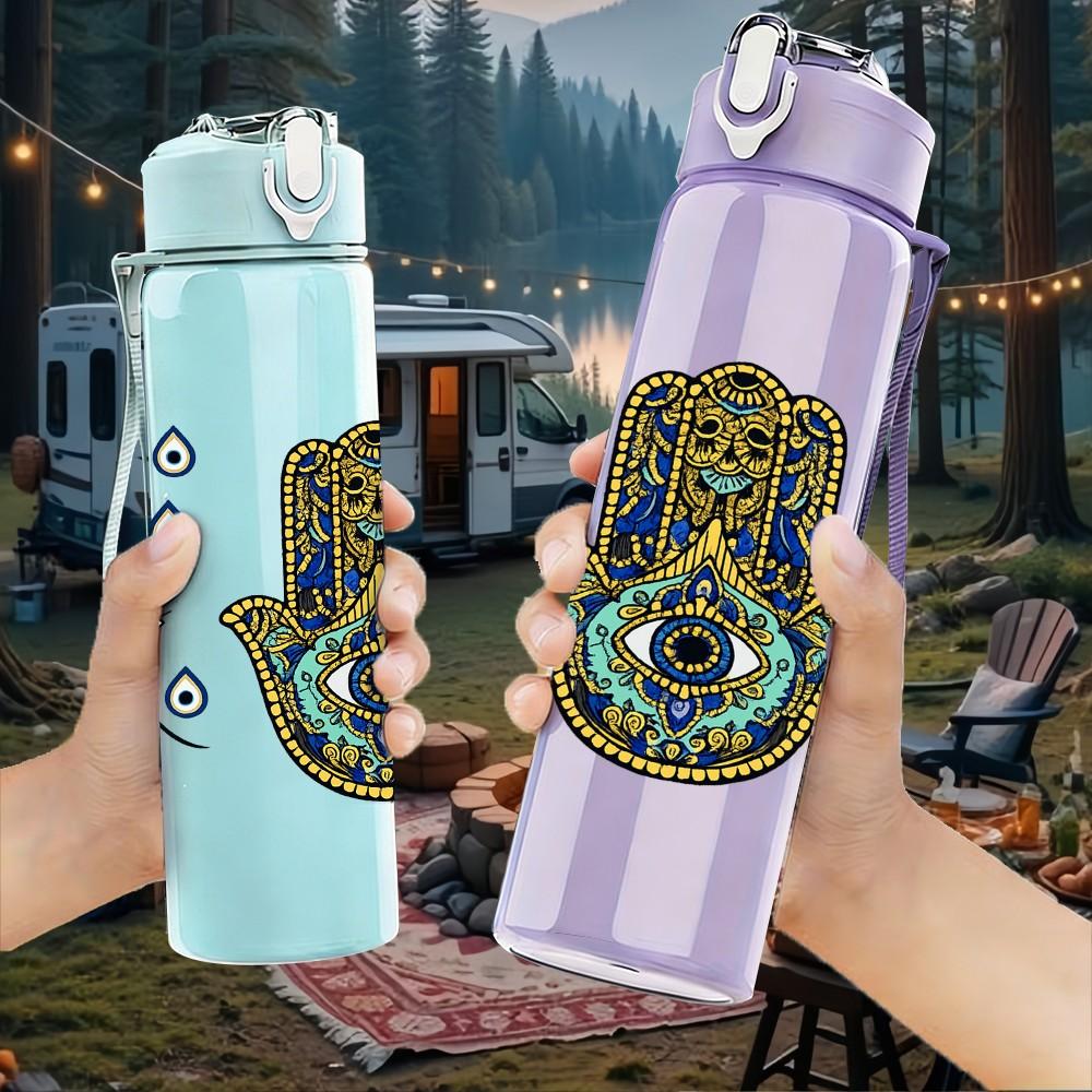 1PC Hamsa Hand Evil Eye Amulet Art 750ml Color Plastic Sports Water Bottle Leakproof Flip Straw Lid Suitable for Sports Office Home Use