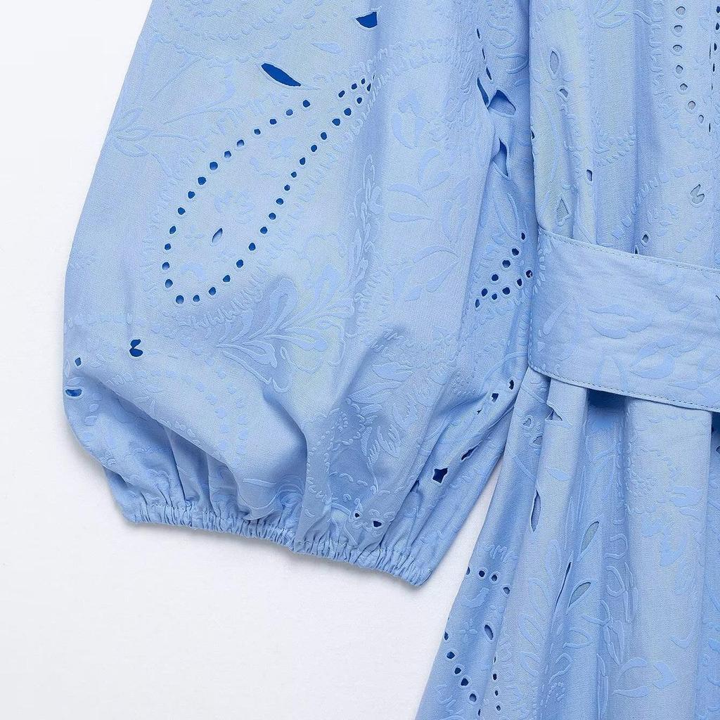 2025 Spring Women's V-Neck Single-Breasted Slim Fit Puff Sleeve Short Dress