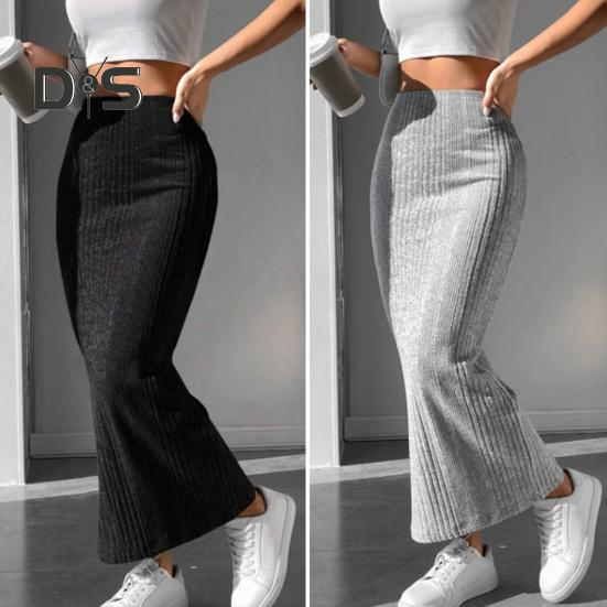 Women Fall Winter Skirt High Waist Knitted Elastic Thick Warm Ankle Length Striped Slim Fit Soft Sheath Lady Maxi Skirt