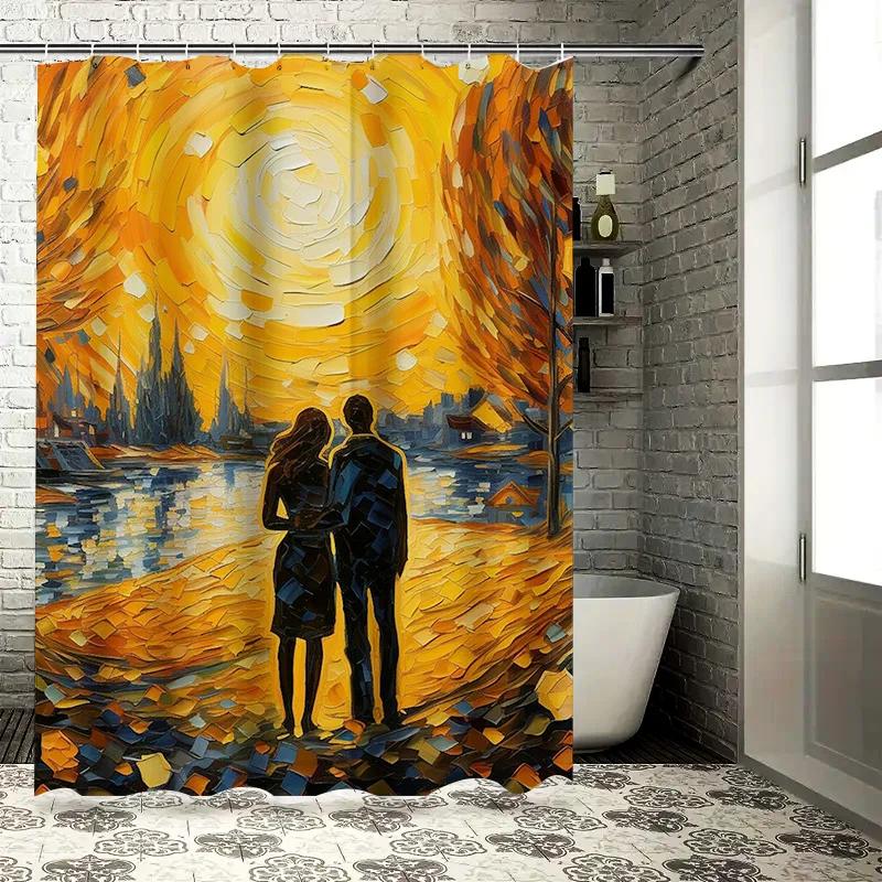 Romantic Couple Watching Sunset Waterproof Shower Curtain, Artistic Design for Bathroom Decoration, Add Warmth and Elegance