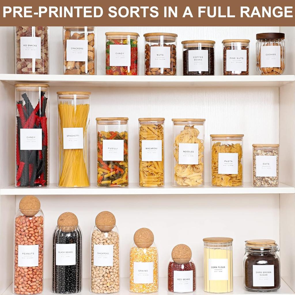 308 Kitchen Pantry Labels for Food Containers, 3 Sizes White Minimalist Labels for Organizing, Food Label for Jars, Storage Bins, Preprinted