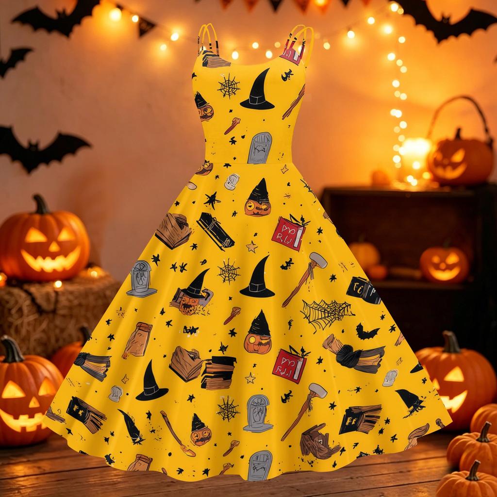 Women's Halloween Spiderweb Bat Print Off Shoulder Punk Vintage Dress Double Strap Sleeveless Full Skirt Retro Style