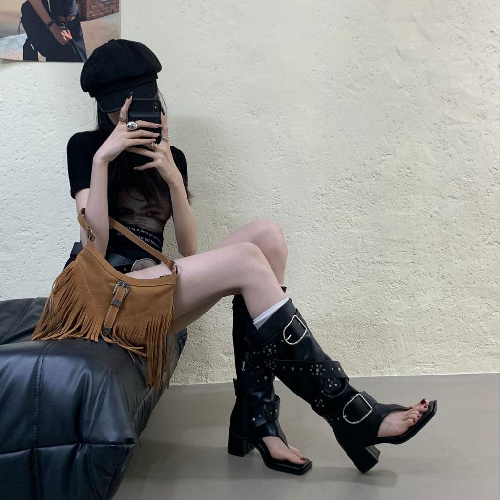 2025 Summer New Spice Girl Fried Street Toe Herringbone Cool Boots Women's Thick Heel Diagonal Long Boots Trouser Boots Western Boots