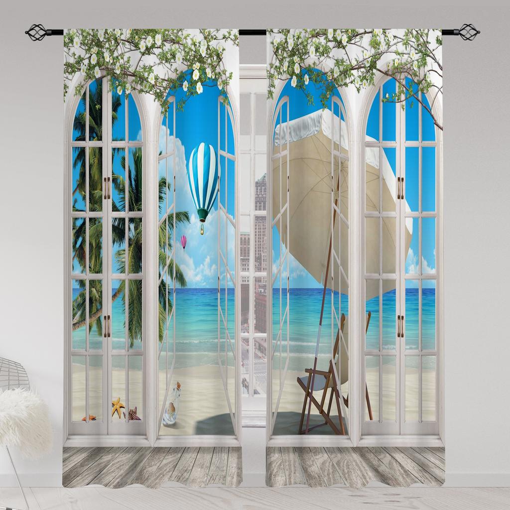 2pcs Landscape Seaside Coconut Tree Blue Sky White Cloud Printed Translucent Curtain Multi-scene Polyester Rod Pocket Decorative