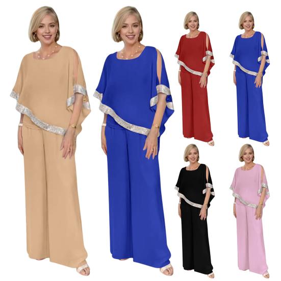 2 Pcs/Set Women Top Pants Set Bat Sleeve O Neck Shiny Sequin Irregular Blouse Elastic