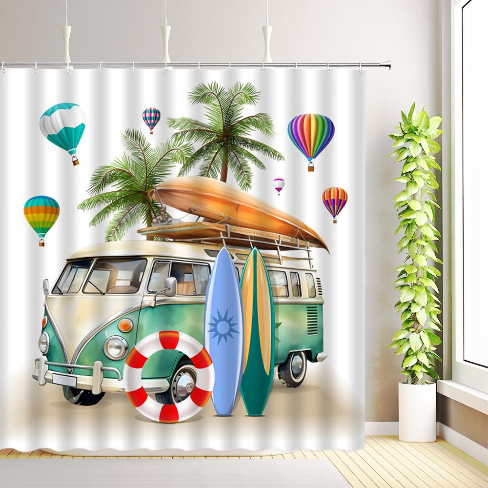 Beach Surf Camper RV Shower Curtain Tropical Palm Tree Travel Camping Car Summer Ocean Surfboard Bathroom Decoration with Hooks