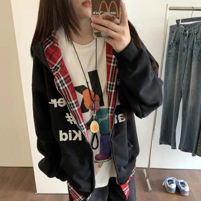 Тяжелый американский High Street Fake двухсекционный кардиган в клетку с капюшоном свободная толстовка женская куртка пара свободная толстовка с капюшоном