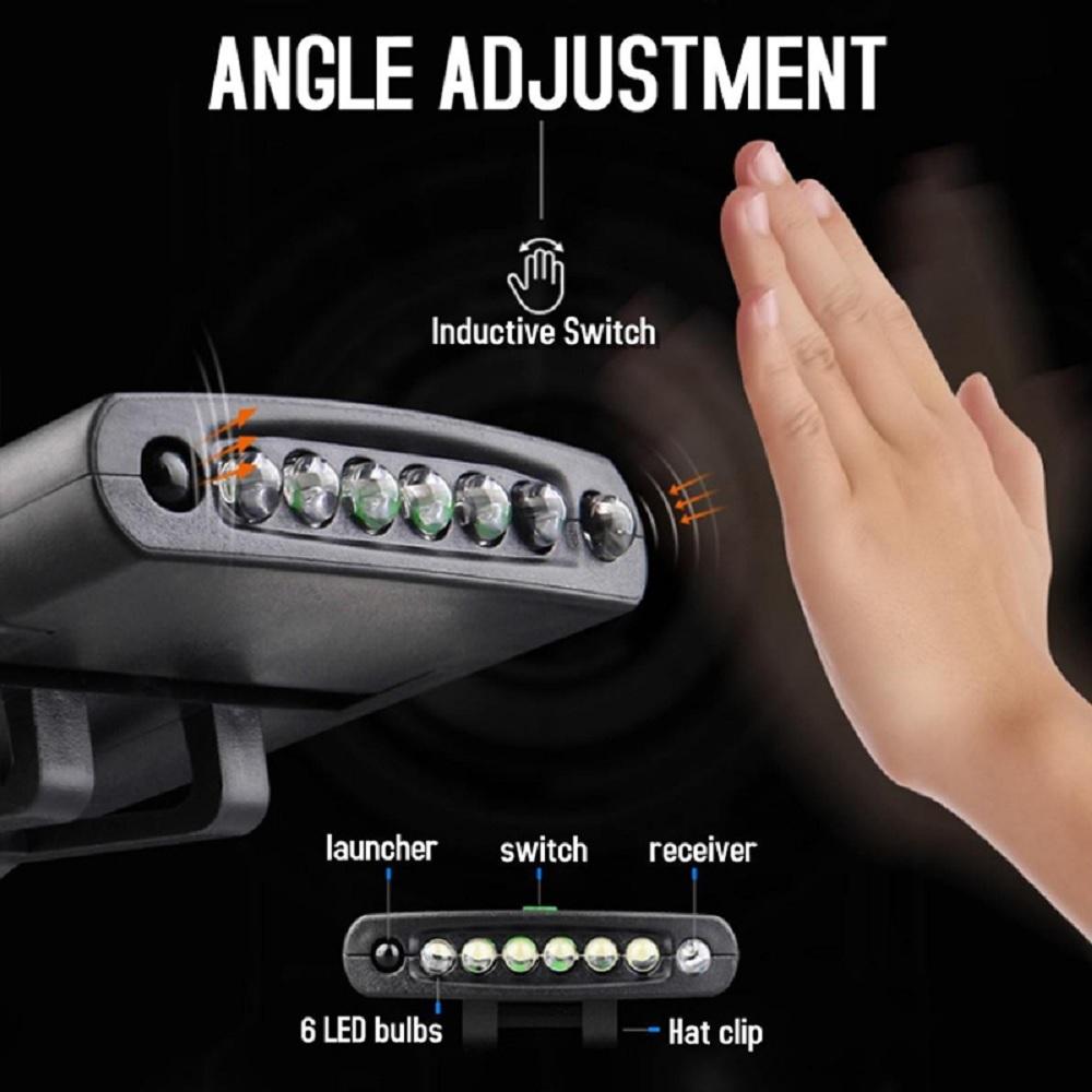 6 LED Black Rechargeable Cap-Clip Lamp Head Lamp Hat Sensor Torch Light Camping