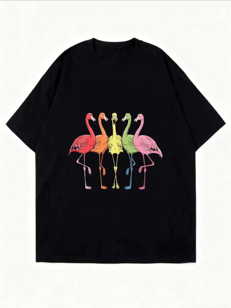 Oversized T Shirt White Flamingo Print Summer Casual Wear