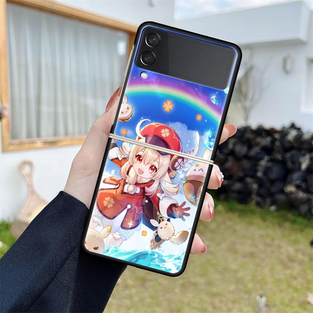 Роскошный чехол для Samsung Galaxy Z Flip 4 3 5G, черный ПК, жесткие чехлы для телефонов, модная задняя крышка ZFlip Funda Game Genshin Impact Shell