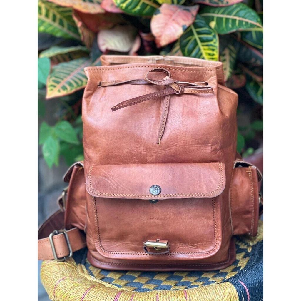 Leather Goat Backpack Bag Genuine Travel Laptop Men's Brown Rucksack Vintage