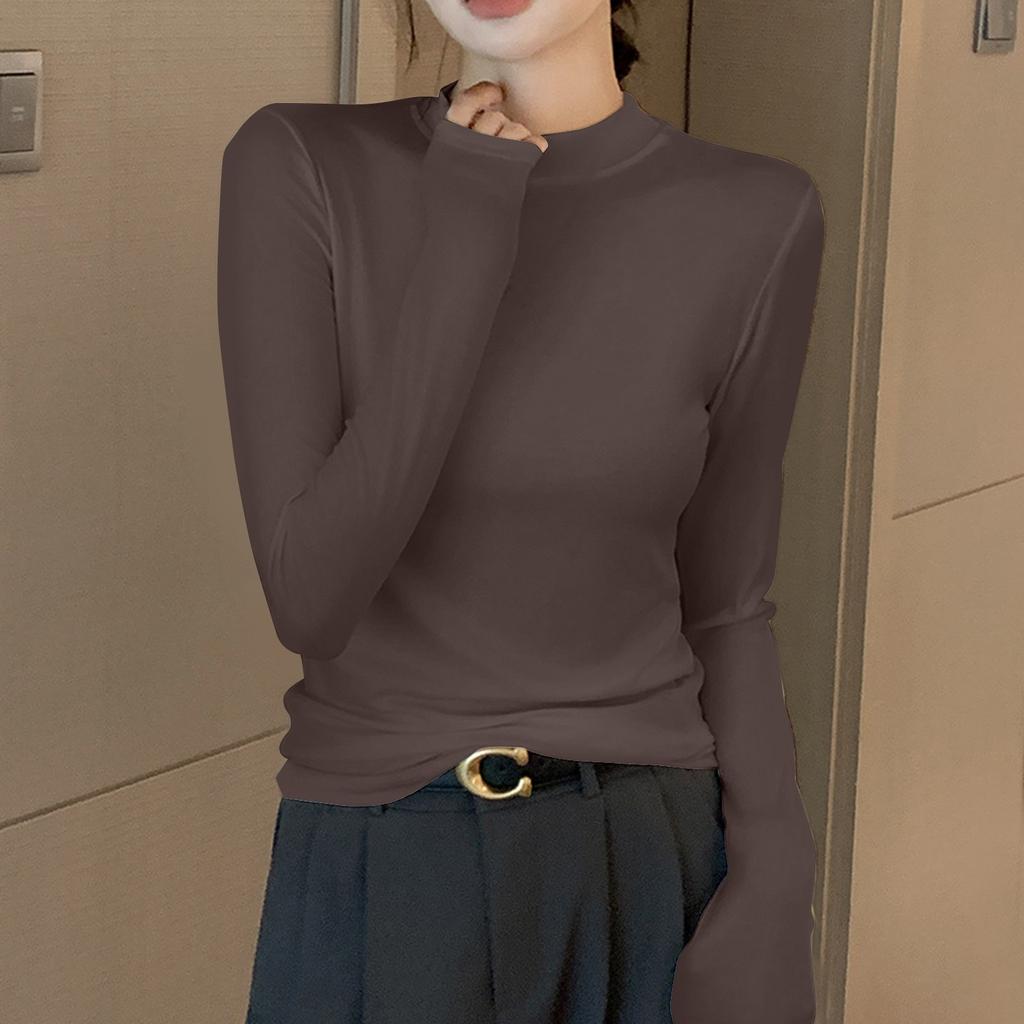 Женская однотонная однотонная футболка с полувысоким воротом и длинным рукавом