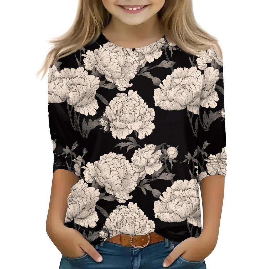 Print Tops For Youth Girls 5-16 Years Round Neck 3/4 Sleeves T-Shirts Trendy Tops Outfit Tees