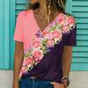 Летний топ с V-образным вырезом, 3D-цветком, цветным блоком и принтом, модные повседневные женские футболки с коротким рукавом
