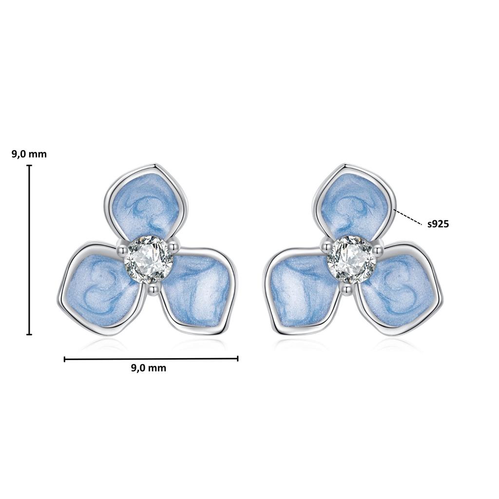 Silver stud earrings, blue flowers, 925 silver