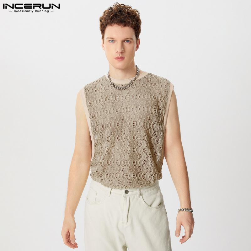 INCERUN Мужские сетчатые майки без рукавов с кружевным лоскутным узором, летний жилет