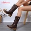Модные женские зимние сапоги до колена с острым носком, украшенные цветком Aphixta, на квадратном каблуке, с боковой молнией, большого размера 43