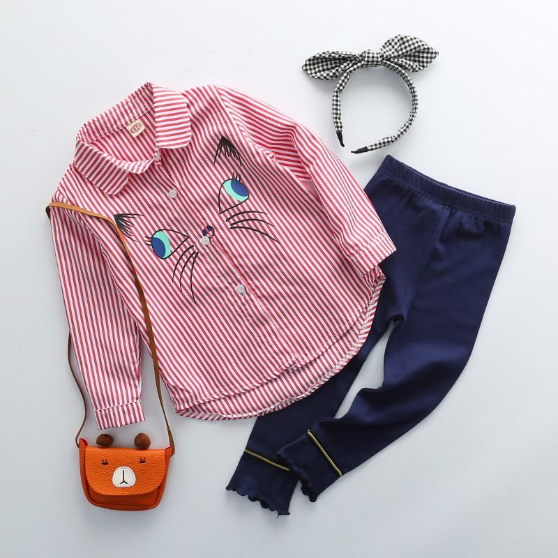 Children Turn-down Collar Embroidery Cartoon Cat Pattern Long Sleeve Shirts Blouse Outfits